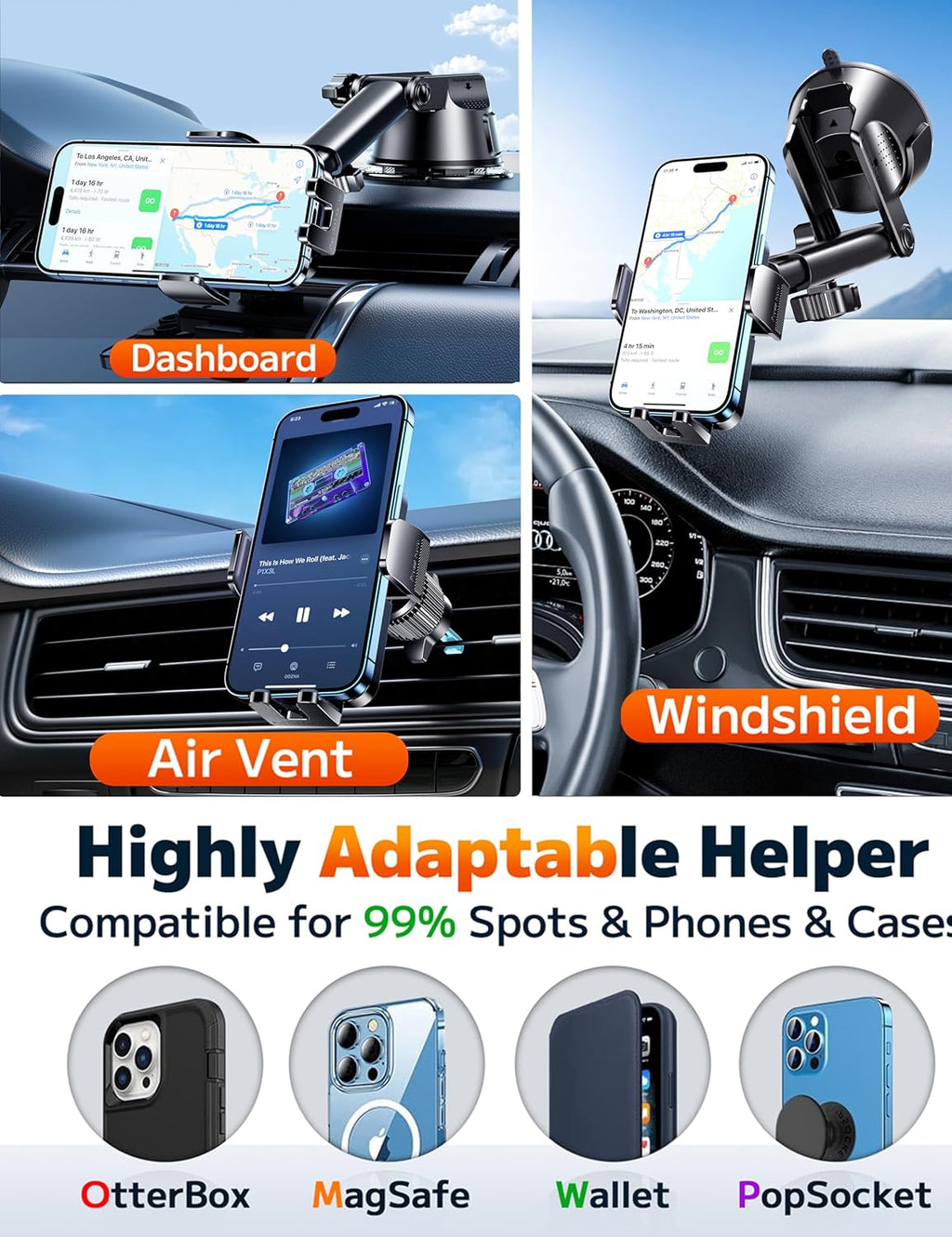 Universal Car Phone Mount - Dash, Windshield & Air Vent Holder for iPhone & Smartphones - Hands-Free Convenience