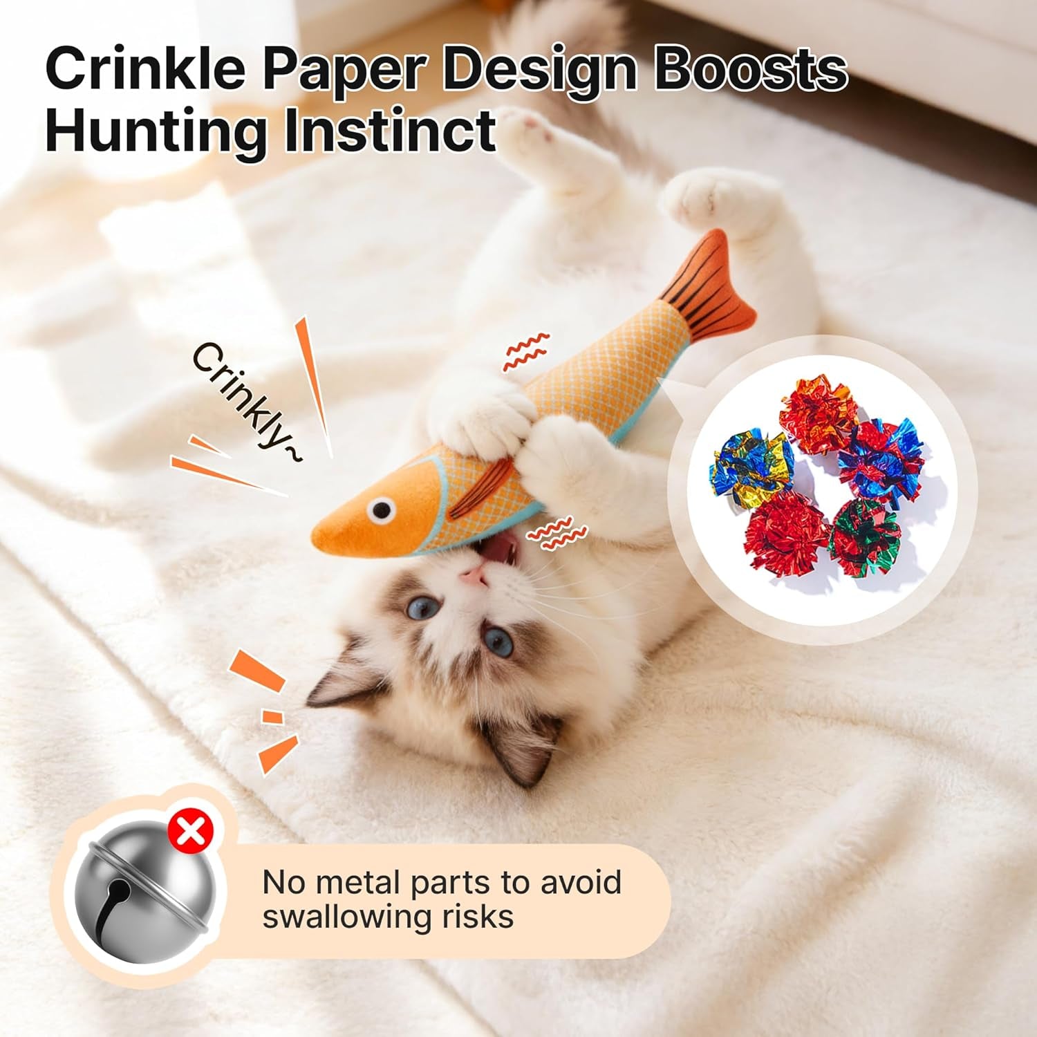 Cat Toys - 3 Pack Saury Fish with Catnip & Crinkle Sound, Soft & Durable Interactive Kitten Kickers for Indoor Play, 9.4 Inches for All Breeds