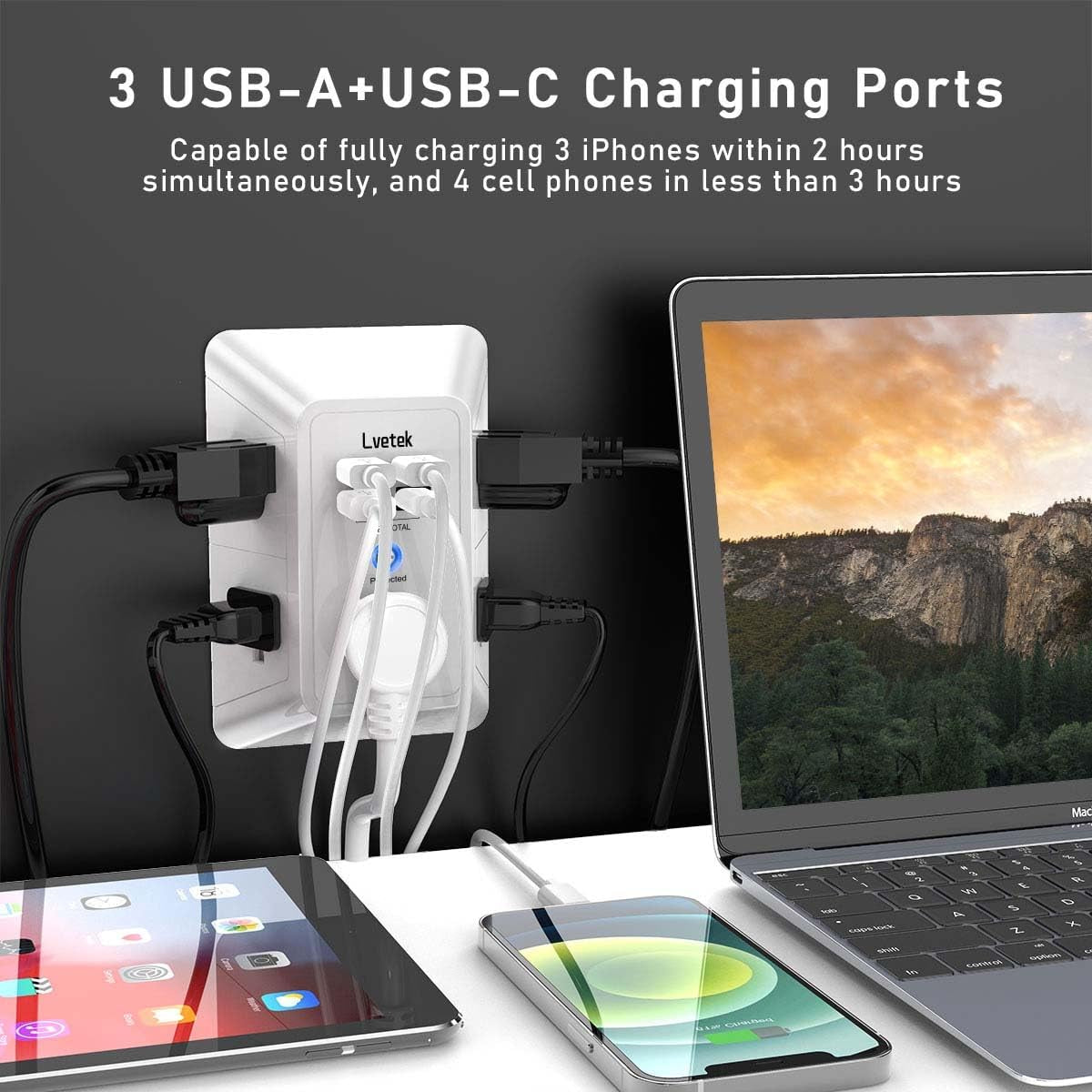 5-Outlet Surge Protector Power Strip with 4 USB Charging Ports (1 USB-C) - 3-Sided Design for Home, Office & Travel - ETL Listed, White