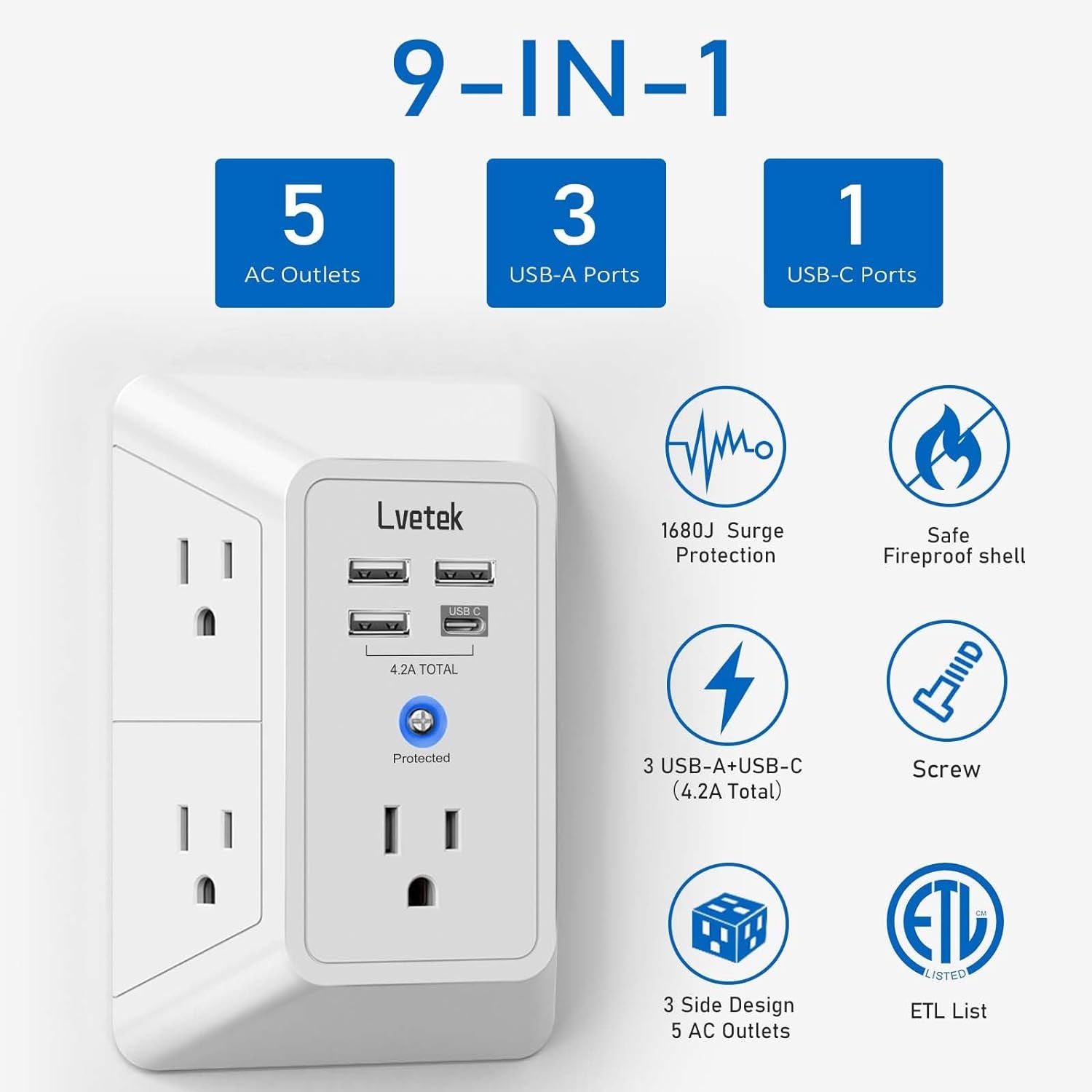 5-Outlet Surge Protector Power Strip with 4 USB Charging Ports (1 USB-C) - 3-Sided Design for Home, Office & Travel - ETL Listed, White