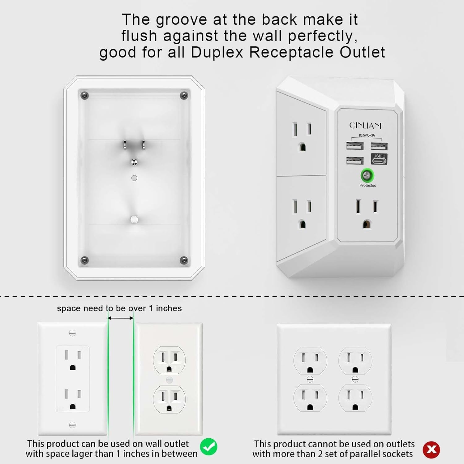 5-Outlet Surge Protector Wall Charger with 4 USB Ports – 3-Sided Power Strip for Home, Travel & Office, 1680J Protection