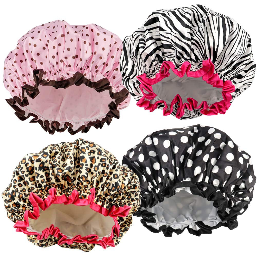 4-Pack Women's Shower Caps - Reusable, Elastic,  Waterproof 