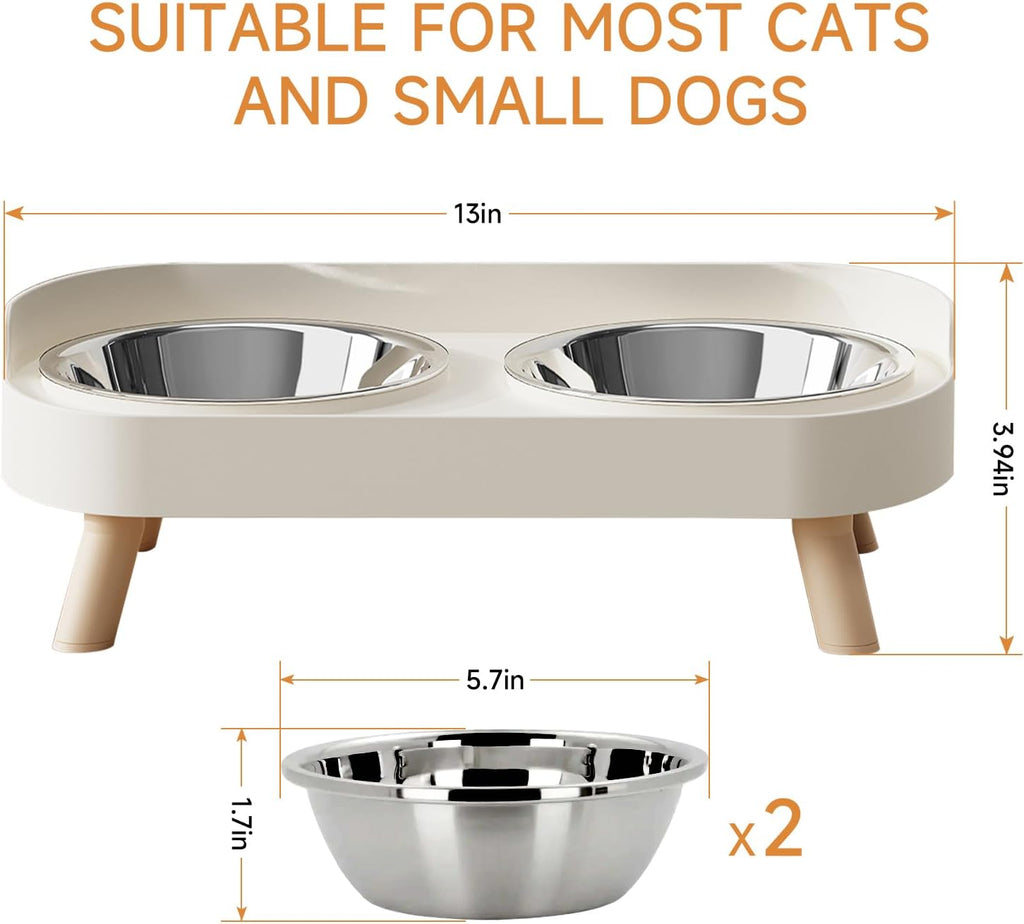Elevated Cat Bowl Set - Splash Proof Raised Food & Water Bowls with 2 Stainless Steel Bowls for Cats & Puppies - Whisker Fatigue Relief & Dishwasher Safe - Stylish White Design