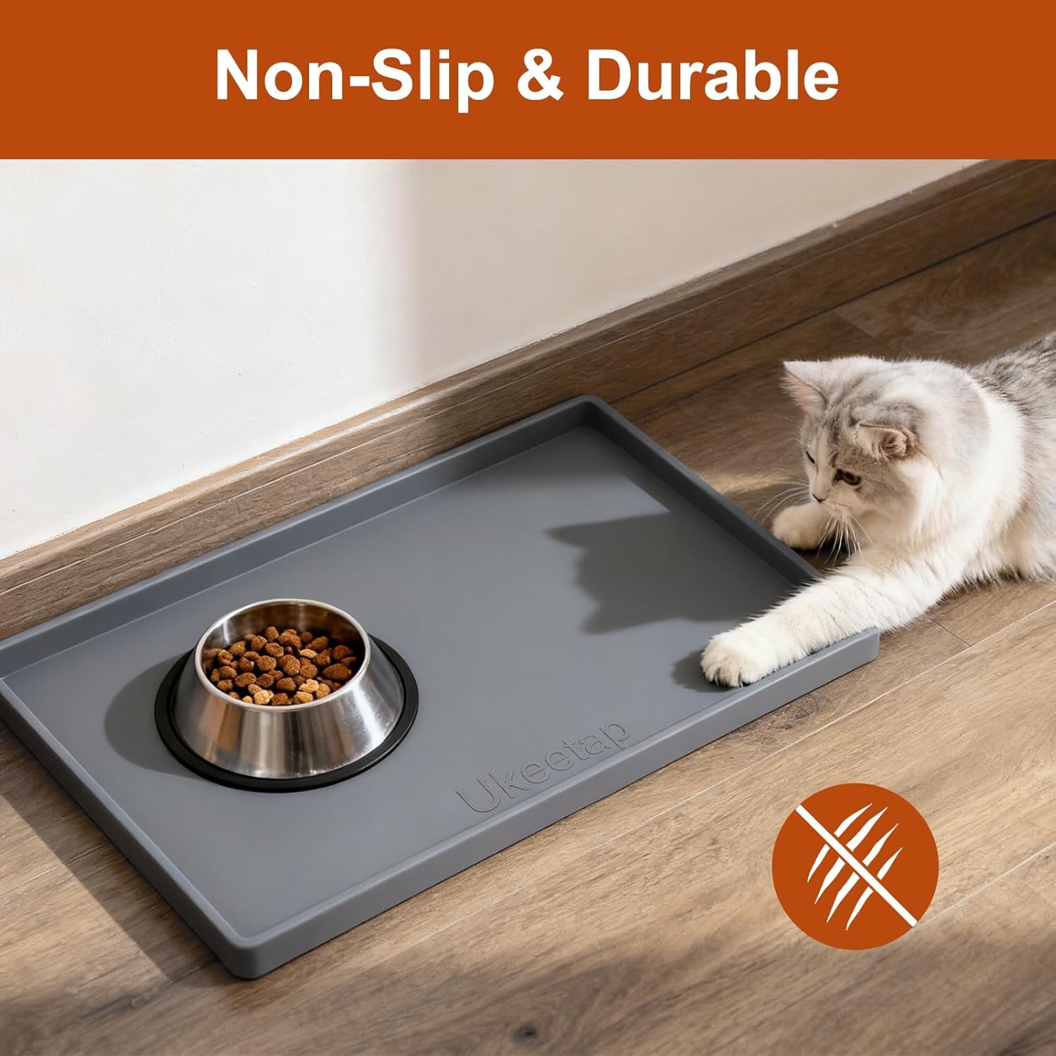 Extra Thick Waterproof Silicone Pet Feeding Mat - Non-Slip, Spill Proof, 19” x 12”, BPA Free, Perfect for Dogs & Cats, Gray