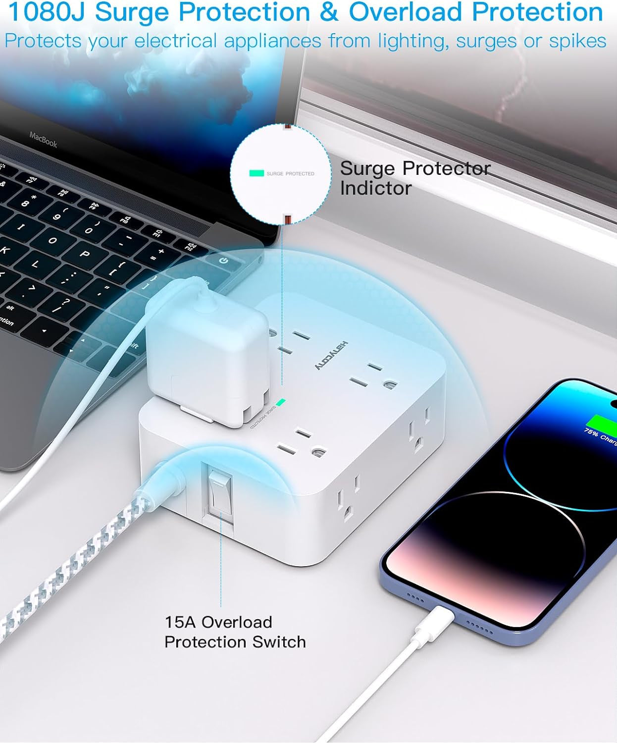 Surge Protector Power Strip - 8 Outlets & 4 USB Charging Ports (2 USB-C), 5Ft Braided Cord, Flat Plug for Home & Office