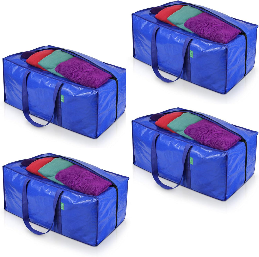 Extra Large Heavy Duty Moving Bags - 4 Pack Blue Storage Bins with Strong Zipper & Carry Handles - Ideal for College Dorm Essentials