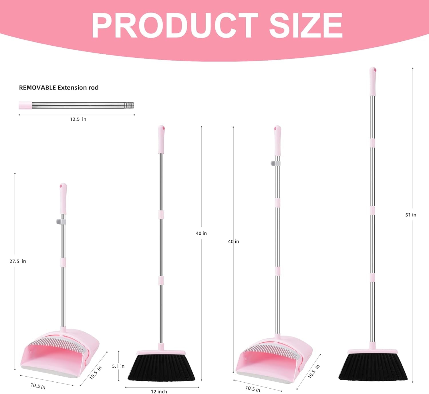 Pink Broom and Dustpan Set - Collapsible Indoor Sweeping Combo for Home, Office, Kitchen & Pet Hair Cleanup