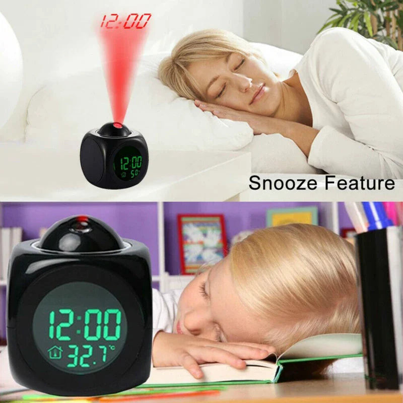 Sleek LED Projection Alarm Clock with Voice Assistant, Weather Display, and USB Charging - Perfect for Your Nightstand!