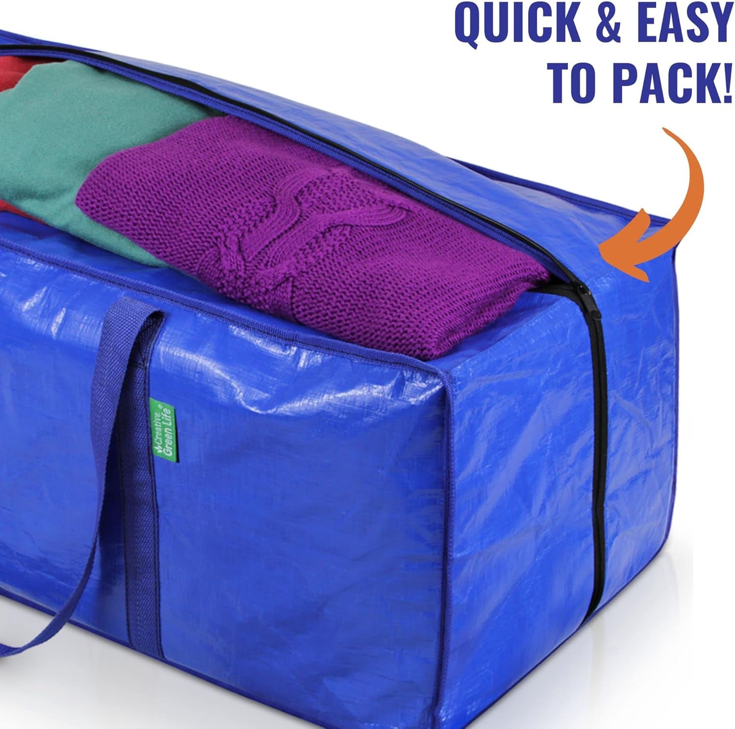 Extra Large Heavy Duty Moving Bags - 4 Pack Blue Storage Bins with Strong Zipper & Carry Handles - Ideal for College Dorm Essentials