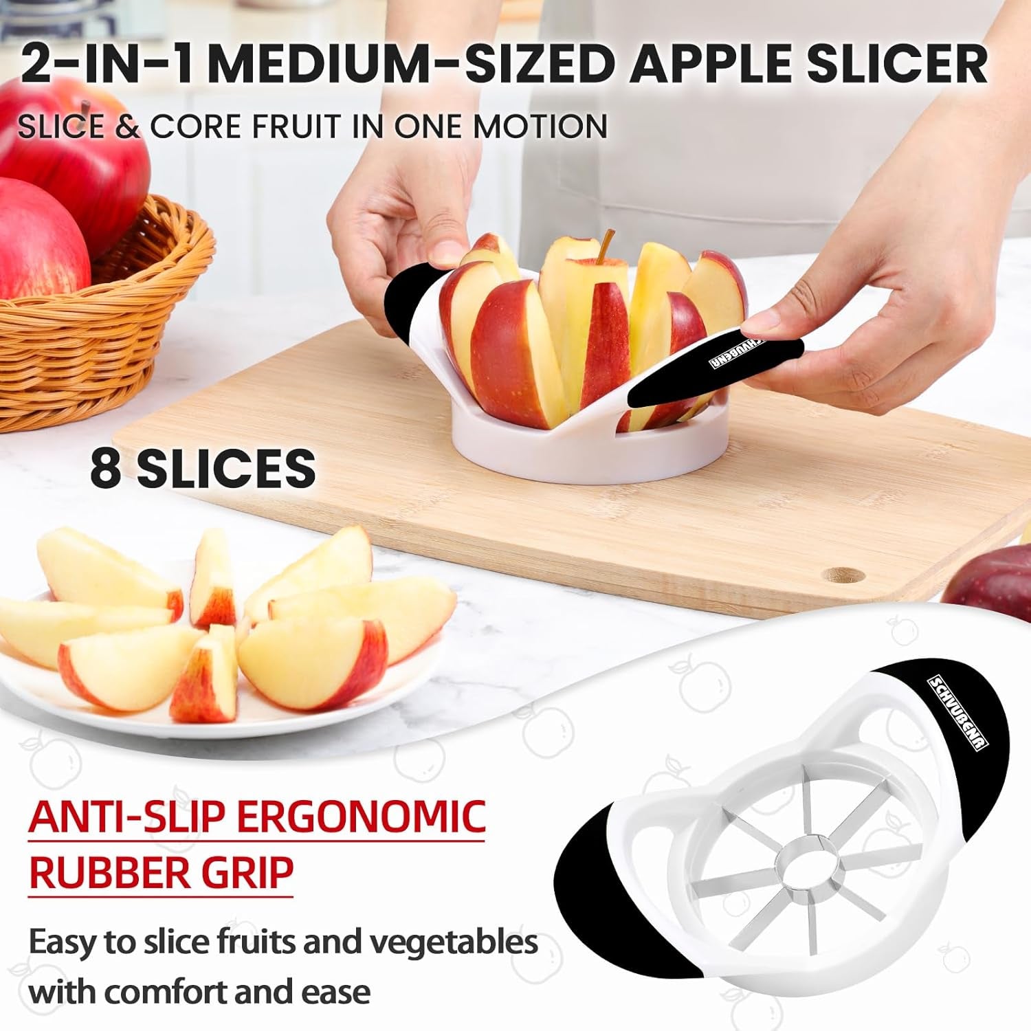 Professional 3.5 Inch Apple Slicer & Corer - Super Sharp Stainless Steel Cutter with 8 Blades - Effortless Apple Prep Tool (Black)