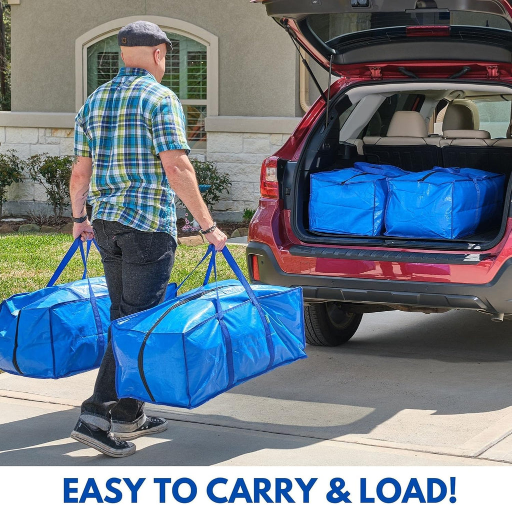 Extra Large Heavy Duty Moving Bags - 4 Pack Blue Storage Bins with Strong Zipper & Carry Handles - Ideal for College Dorm Essentials