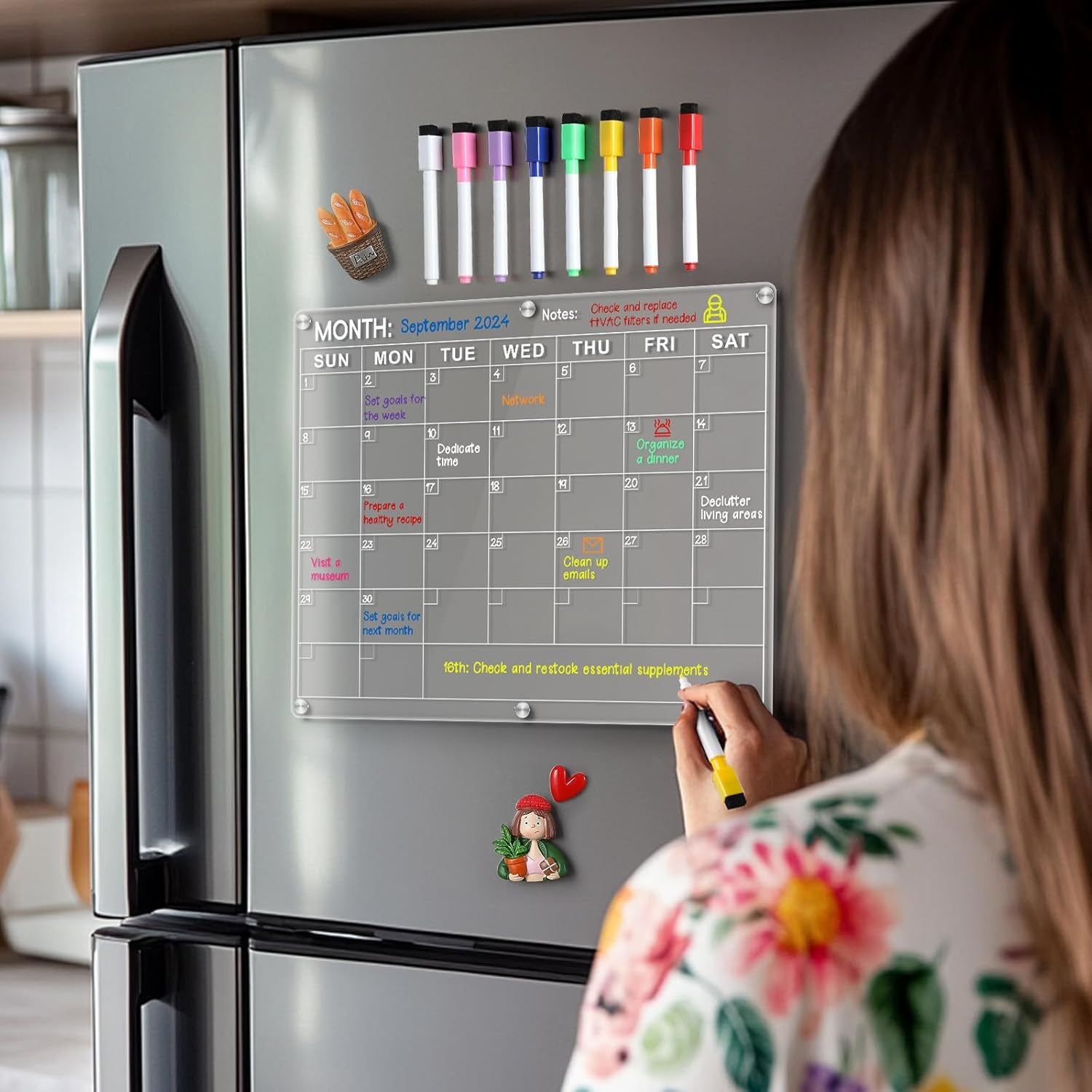 Magnetic Acrylic Fridge Calendar - 14.5"x11.5" Dry Erase Monthly Planner with 8 Color Markers for Events, Meetings & Shopping Lists