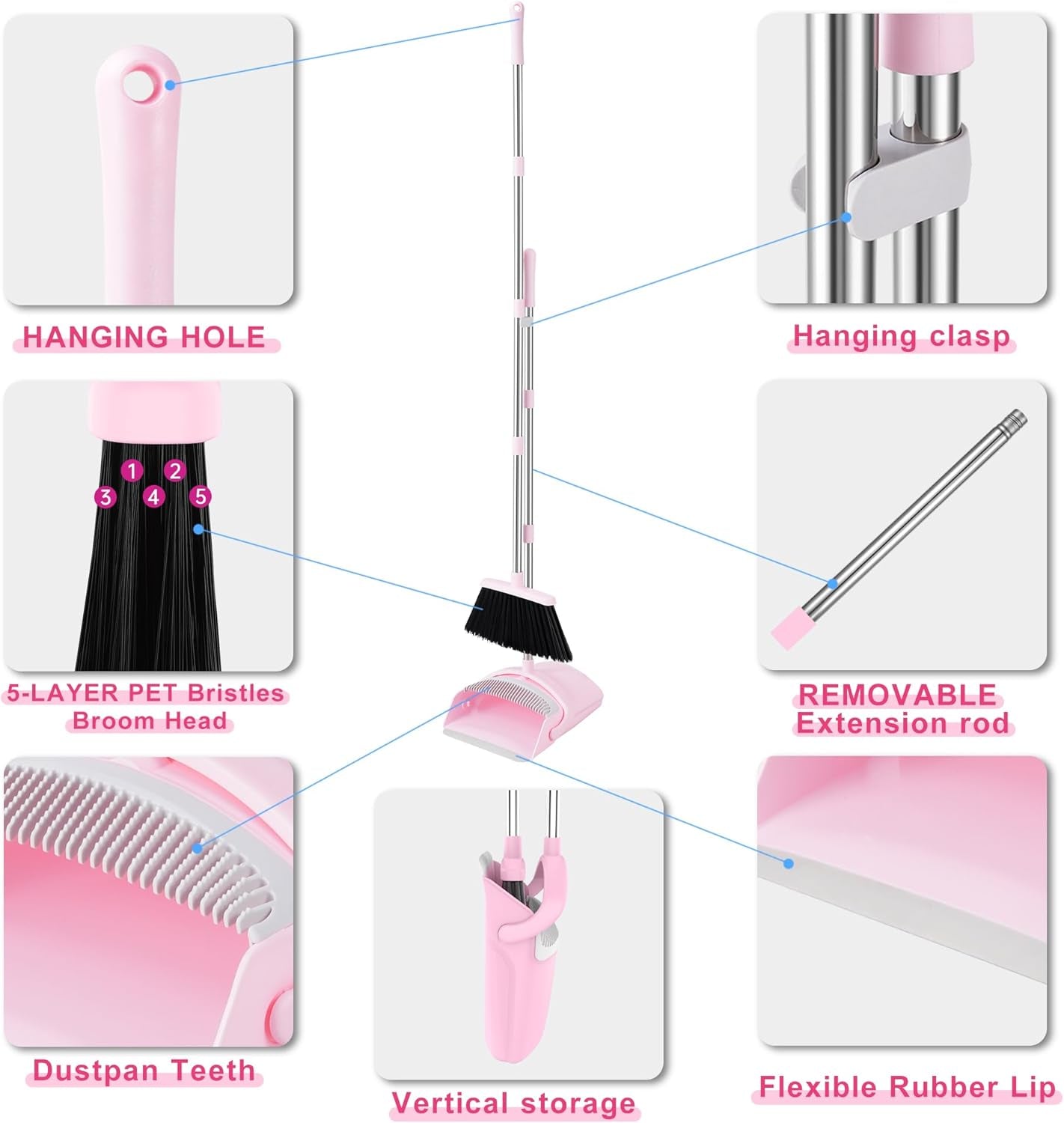 Pink Broom and Dustpan Set - Collapsible Indoor Sweeping Combo for Home, Office, Kitchen & Pet Hair Cleanup