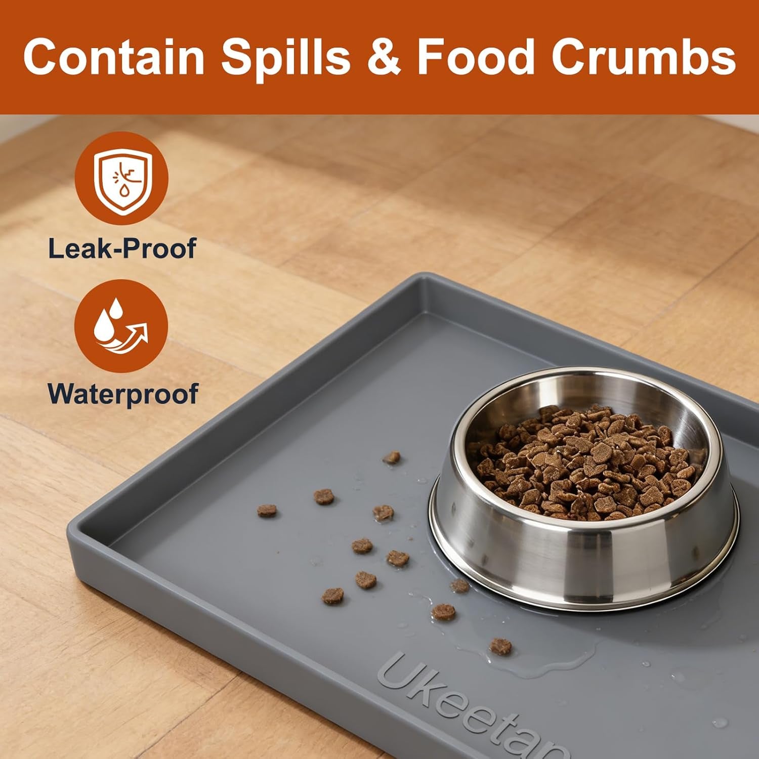 Extra Thick Waterproof Silicone Pet Feeding Mat - Non-Slip, Spill Proof, 19” x 12”, BPA Free, Perfect for Dogs & Cats, Gray