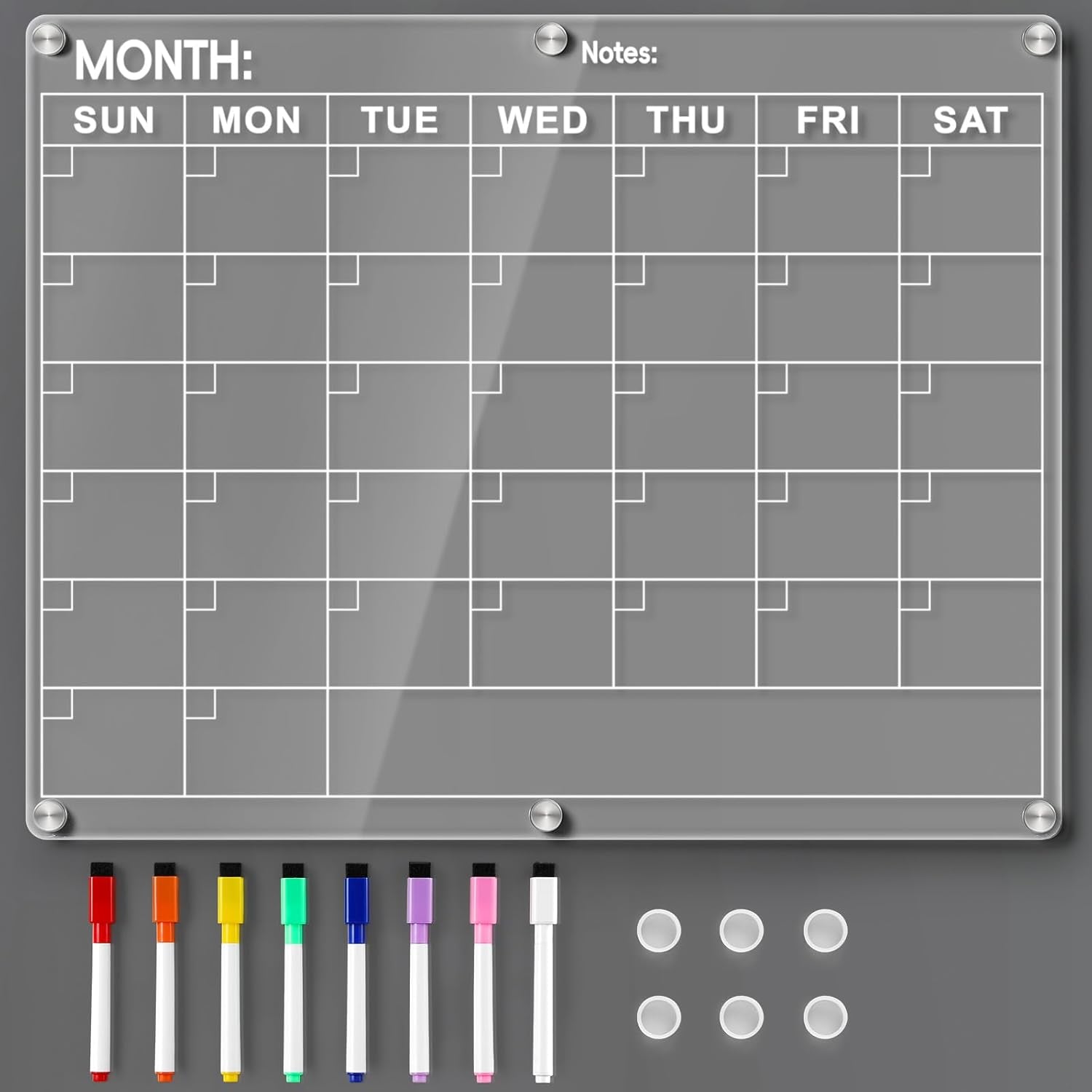 Magnetic Acrylic Fridge Calendar - 14.5"x11.5" Dry Erase Monthly Planner with 8 Color Markers for Events, Meetings & Shopping Lists