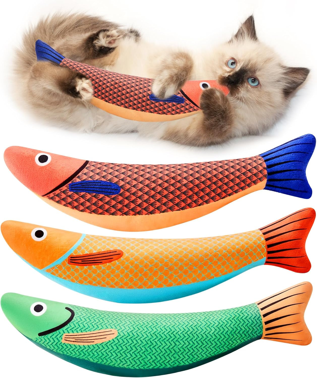Cat Toys - 3 Pack Saury Fish with Catnip & Crinkle Sound, Soft & Durable Interactive Kitten Kickers for Indoor Play, 9.4 Inches for All Breeds
