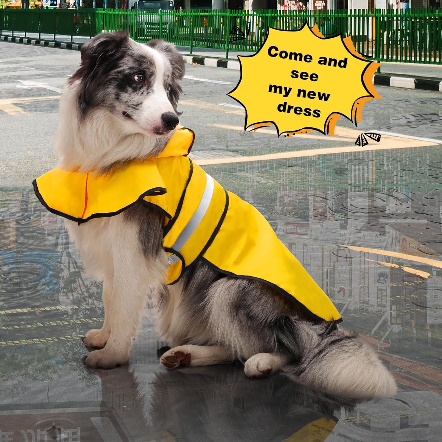 Waterproof Dog Raincoat - Adjustable Hooded Poncho with Reflective Stripes & Leash Hole for All Dog Sizes - Bright Yellow M