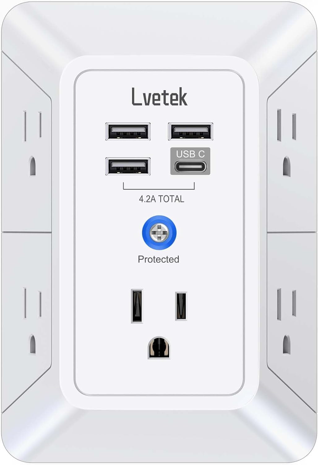 5-Outlet Surge Protector Power Strip with 4 USB Charging Ports (1 USB-C) - 3-Sided Design for Home, Office & Travel - ETL Listed, White