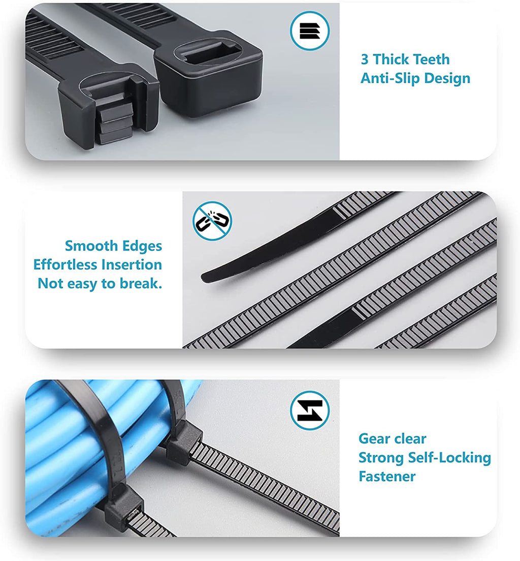 Premium Assorted Zip Ties - 400 Pack, UV Resistant Black Cable Ties in 4”, 6”, 8”, and 12” Sizes by