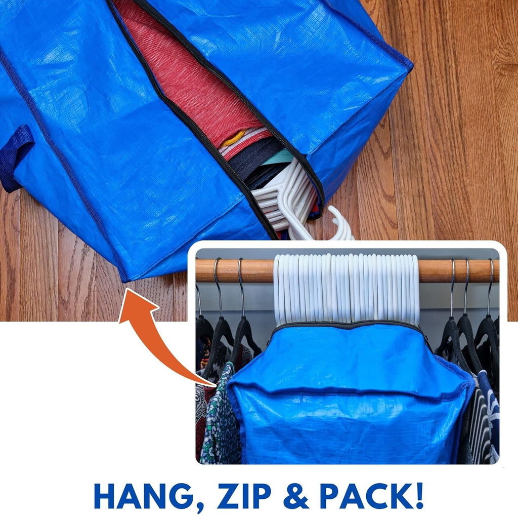 Extra Large Heavy Duty Moving Bags - 4 Pack Blue Storage Bins with Strong Zipper & Carry Handles - Ideal for College Dorm Essentials