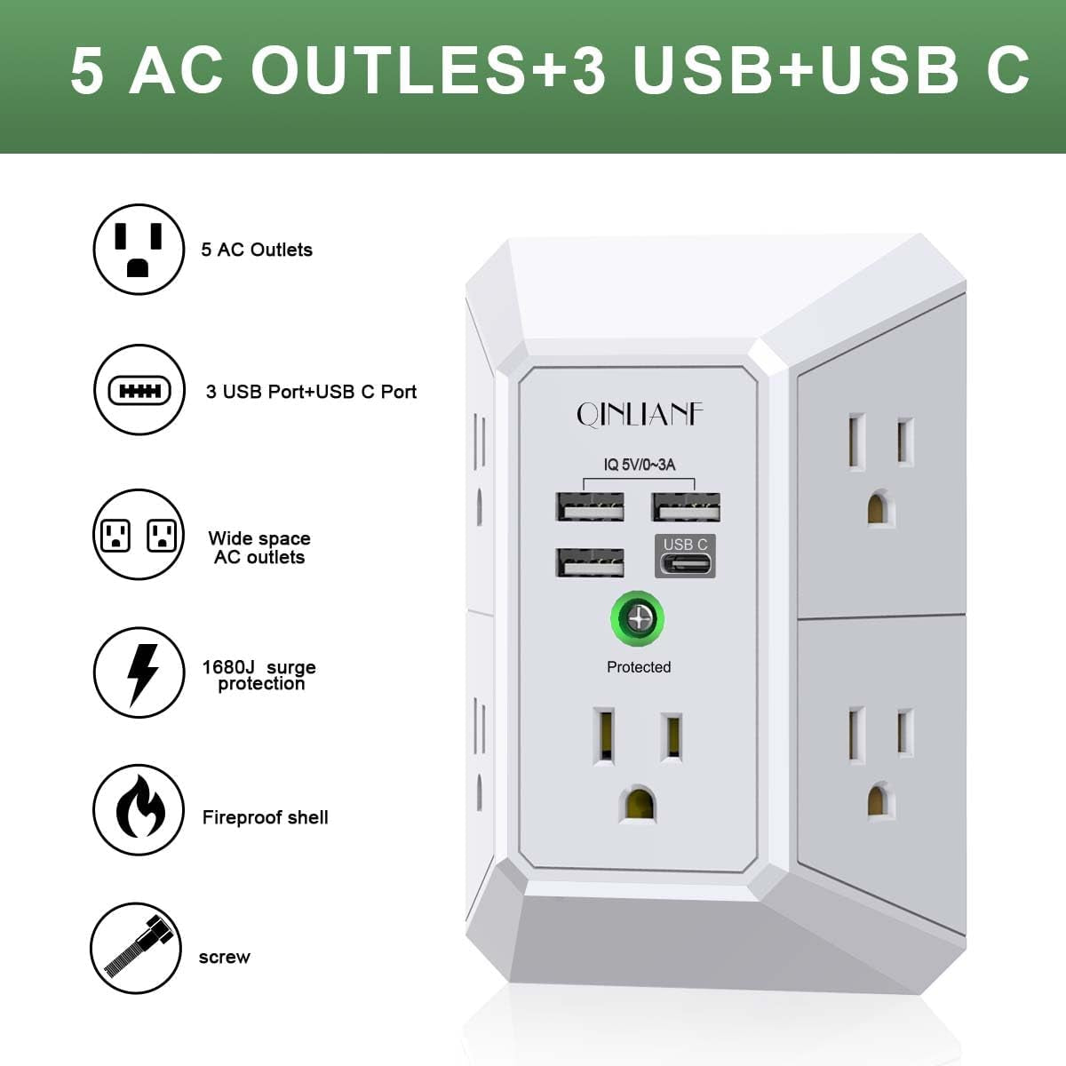 5-Outlet Surge Protector Wall Charger with 4 USB Ports – 3-Sided Power Strip for Home, Travel & Office, 1680J Protection