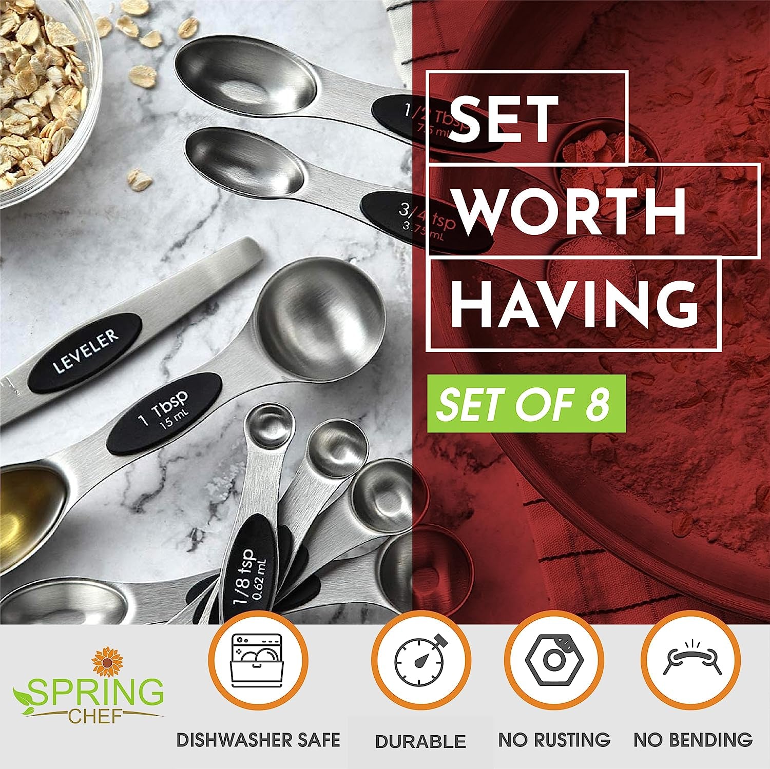 Stainless Steel Magnetic Measuring Spoons Set - Heavy Duty Kitchen Gadgets for Baking & Cooking, Fits Most Spice Jars, Set of 8 with Leveler, Sleek Black Design