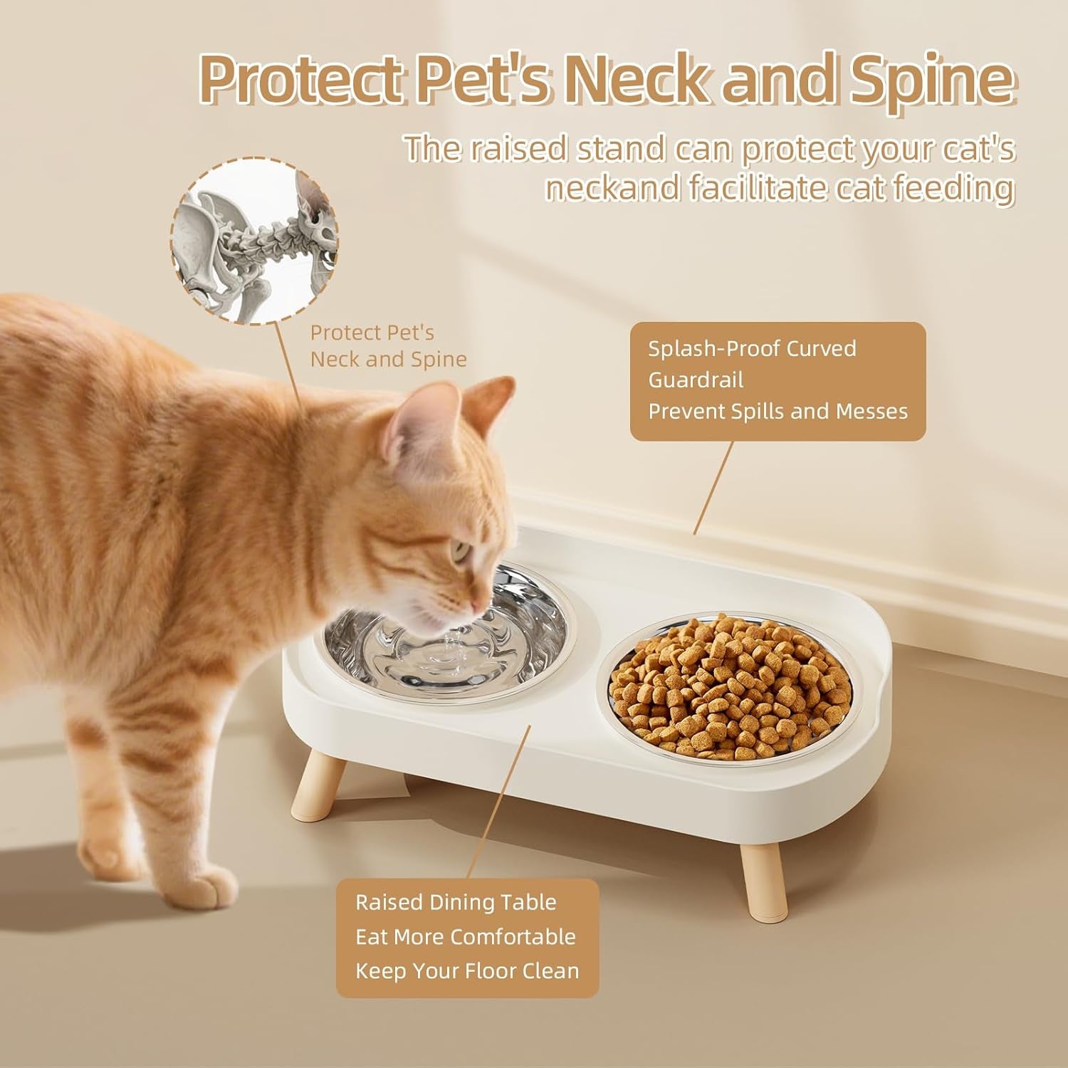 Elevated Cat Bowl Set - Splash Proof Raised Food & Water Bowls with 2 Stainless Steel Bowls for Cats & Puppies - Whisker Fatigue Relief & Dishwasher Safe - Stylish White Design