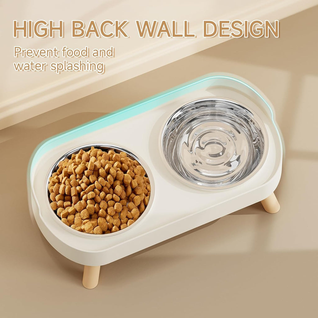 Elevated Cat Bowl Set - Splash Proof Raised Food & Water Bowls with 2 Stainless Steel Bowls for Cats & Puppies - Whisker Fatigue Relief & Dishwasher Safe - Stylish White Design