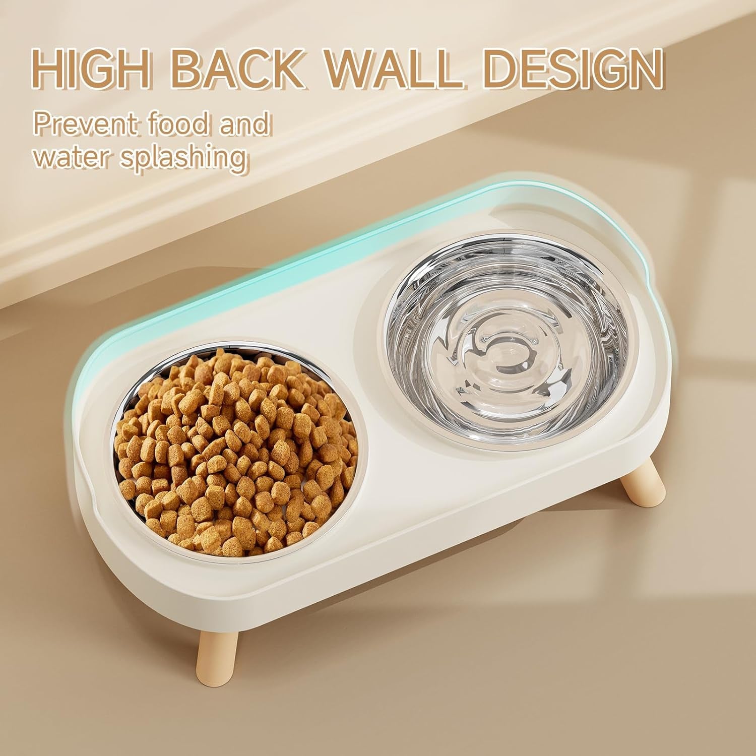 Elevated Cat Bowl Set - Splash Proof Raised Food & Water Bowls with 2 Stainless Steel Bowls for Cats & Puppies - Whisker Fatigue Relief & Dishwasher Safe - Stylish White Design