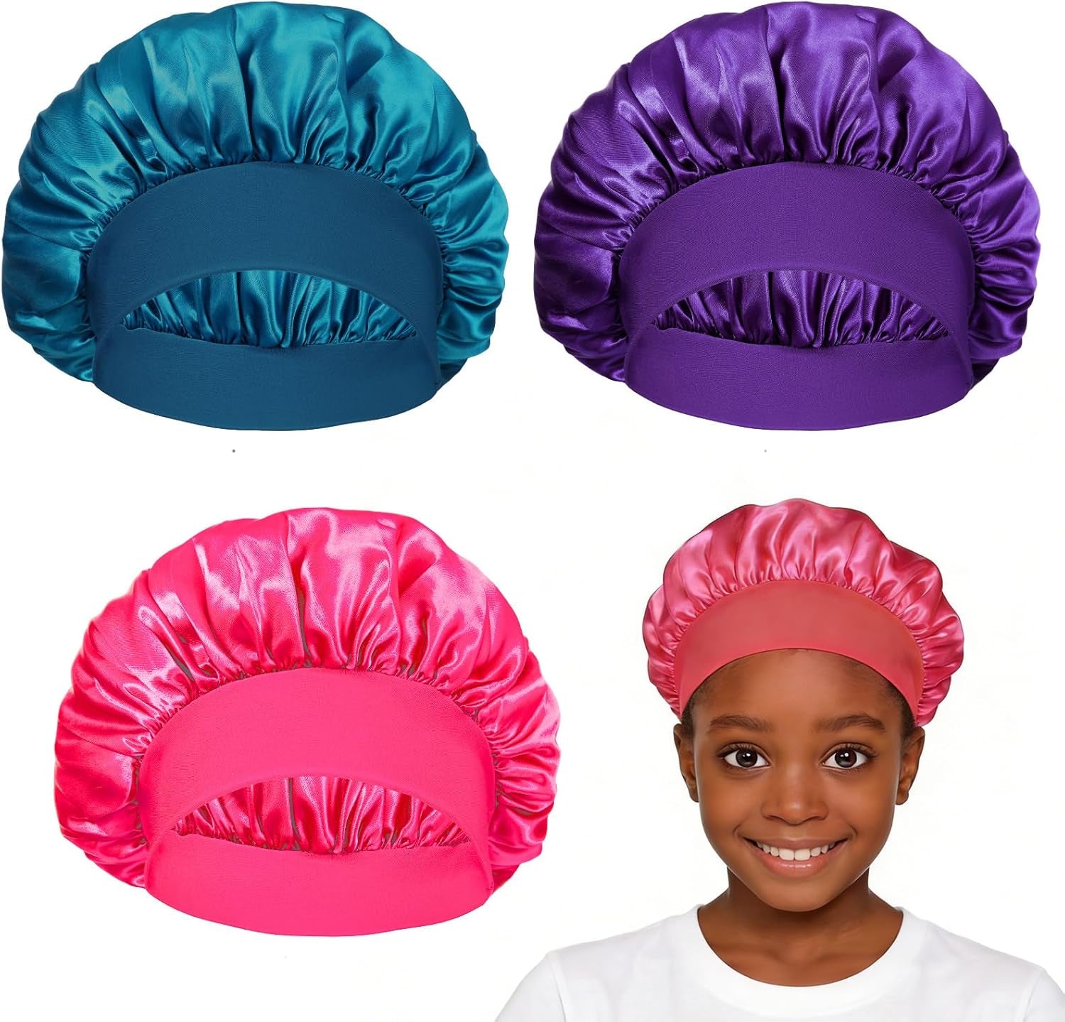 3-Pack Satin Kid Bonnets for Boys & Girls - Silk Sleeping Caps for Curly Hair with Elastic Wide Band - Perfect for Toddlers, Children & Teenagers