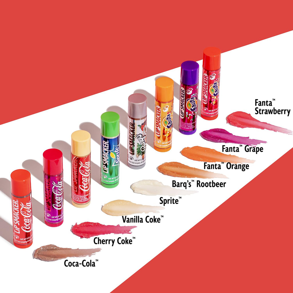 Coca-Cola Flavored  Balm Set - 8 Delicious Flavors including Coke, Cherry Vanilla Sprite, Root Beer, Orange Fanta, and Grape Strawberry Fanta!