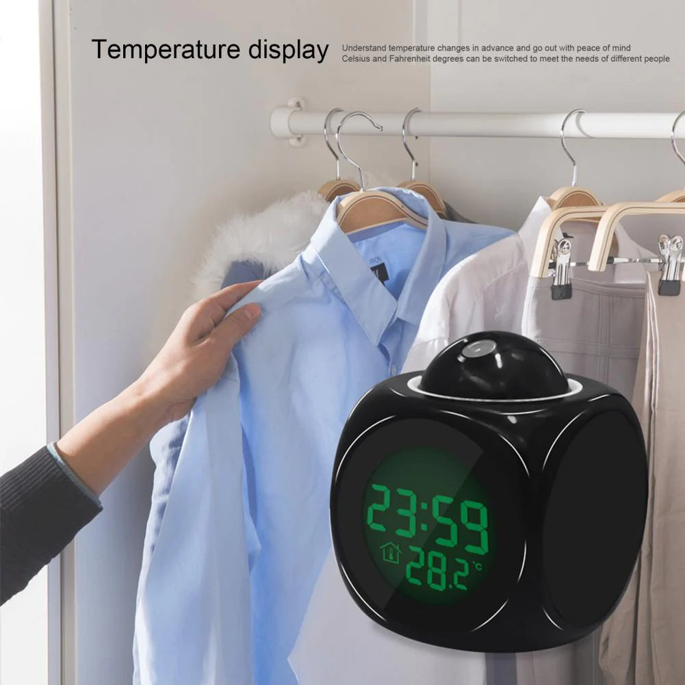 Sleek LED Projection Alarm Clock with Voice Assistant, Weather Display, and USB Charging - Perfect for Your Nightstand!