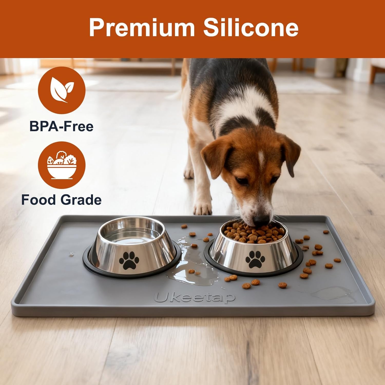 Extra Thick Waterproof Silicone Pet Feeding Mat - Non-Slip, Spill Proof, 19” x 12”, BPA Free, Perfect for Dogs & Cats, Gray