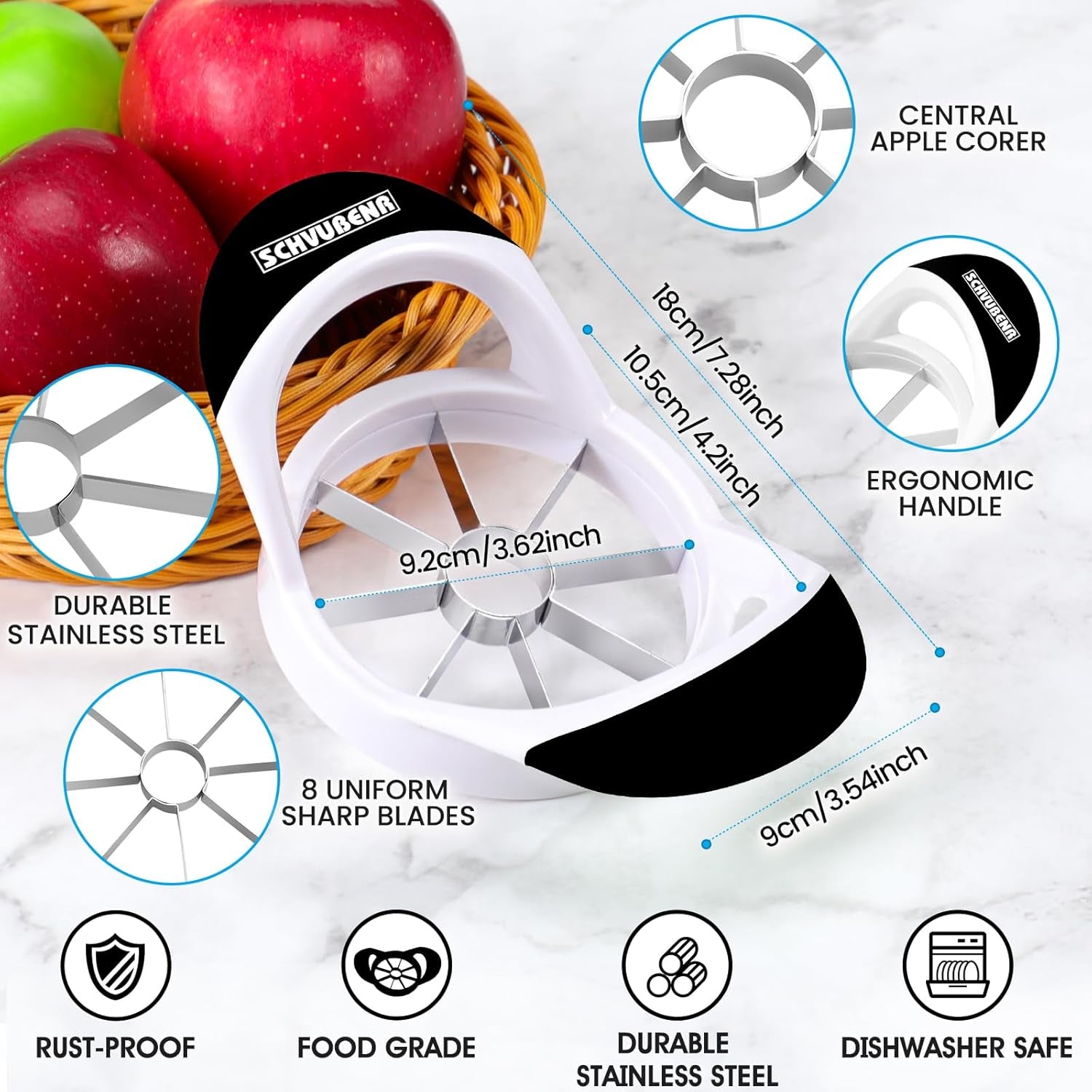 Professional 3.5 Inch Apple Slicer & Corer - Super Sharp Stainless Steel Cutter with 8 Blades - Effortless Apple Prep Tool (Black)