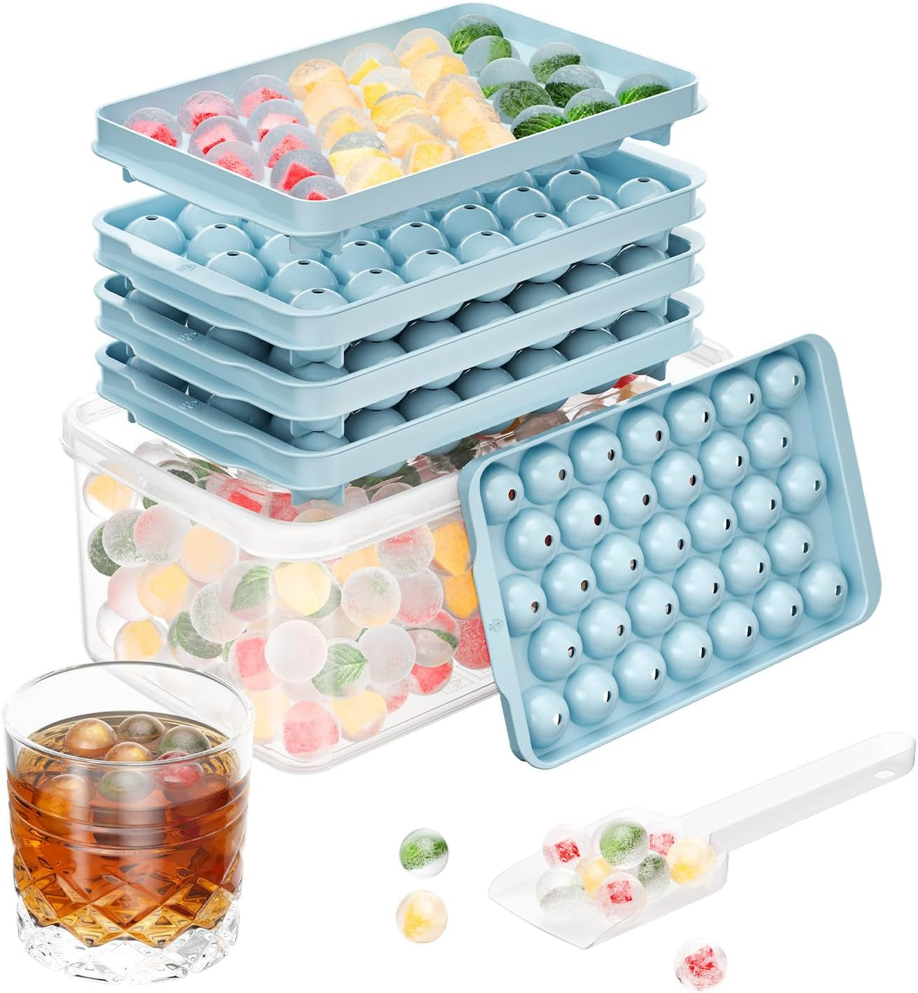 99 PCS Round Ice Cube Tray Set - 3 Pack with Lids & Bin for Perfectly Chilled Drinks (0.8 Inch, Blue)