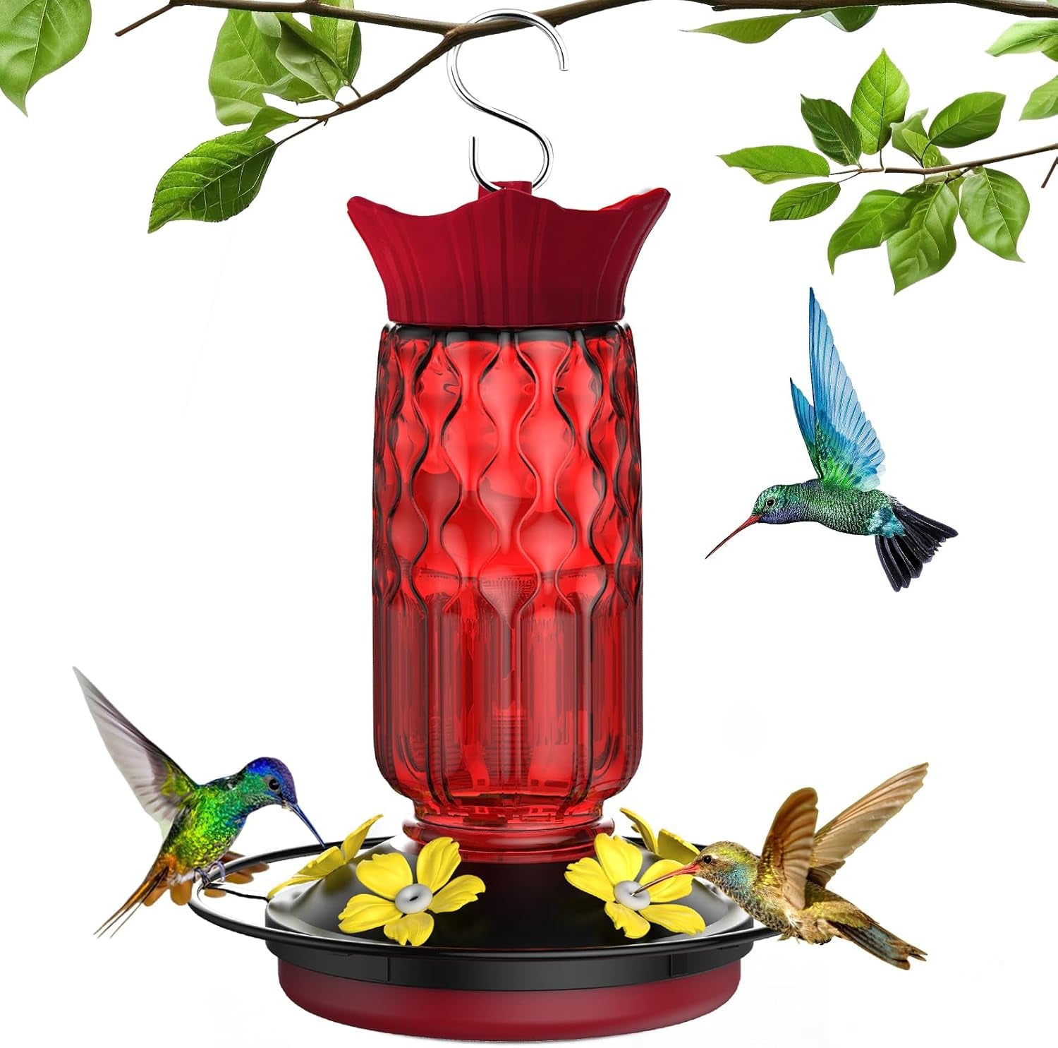 Deluxe Hummingbird Feeder - 16 Oz Hanging Bird Feeder with 5 Flower Ports, Bee-Proof Design & Built-In Ant Moat - Perfect Outdoor Garden Decor Gift for Moms & Women