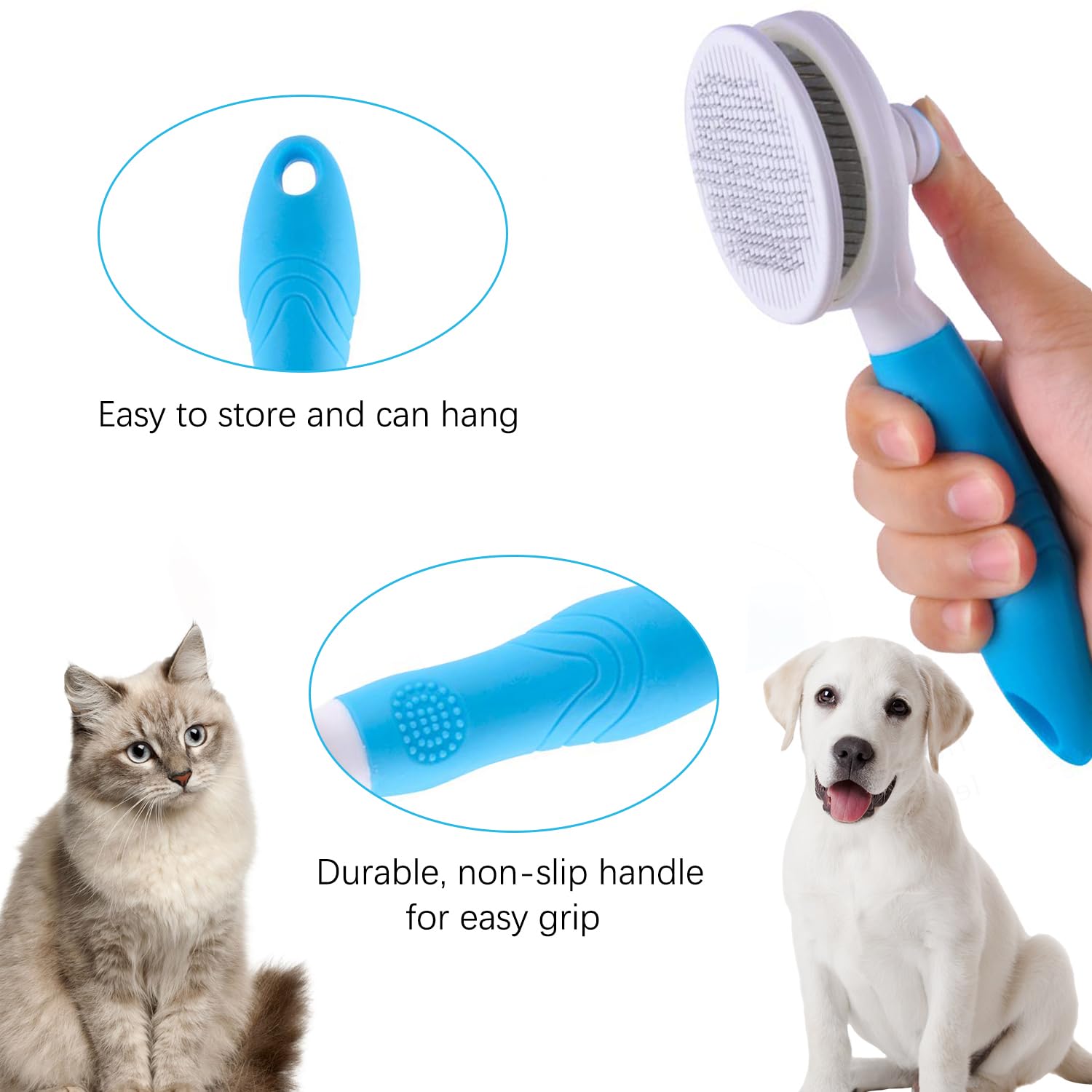 UPGRADED Self-Cleaning Slicker Brush - Gentle Deshedding & Grooming Tool for Cats, Dogs, and Rabbits - Perfect for Long & Short Hair - Blue