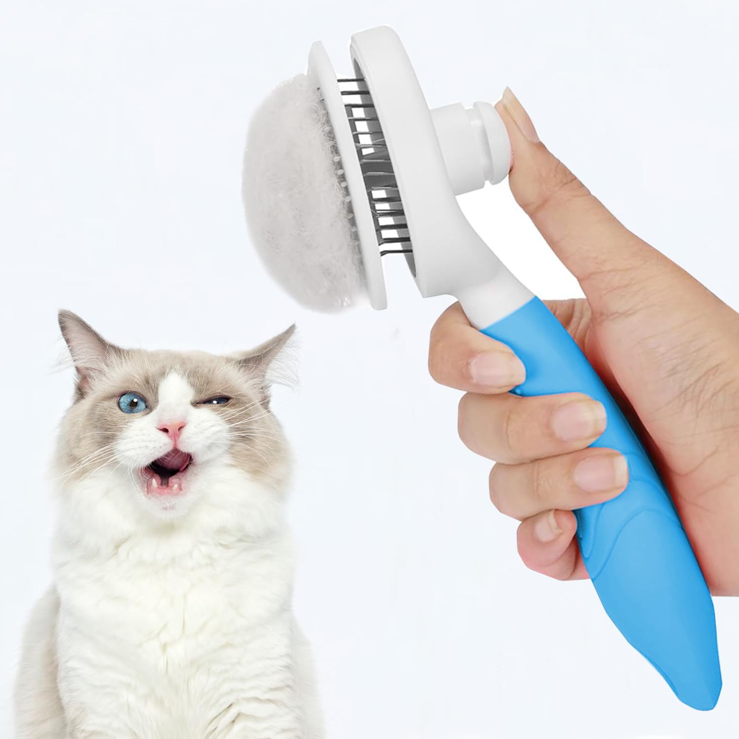 UPGRADED Self-Cleaning Slicker Brush - Gentle Deshedding & Grooming Tool for Cats, Dogs, and Rabbits - Perfect for Long & Short Hair - Blue