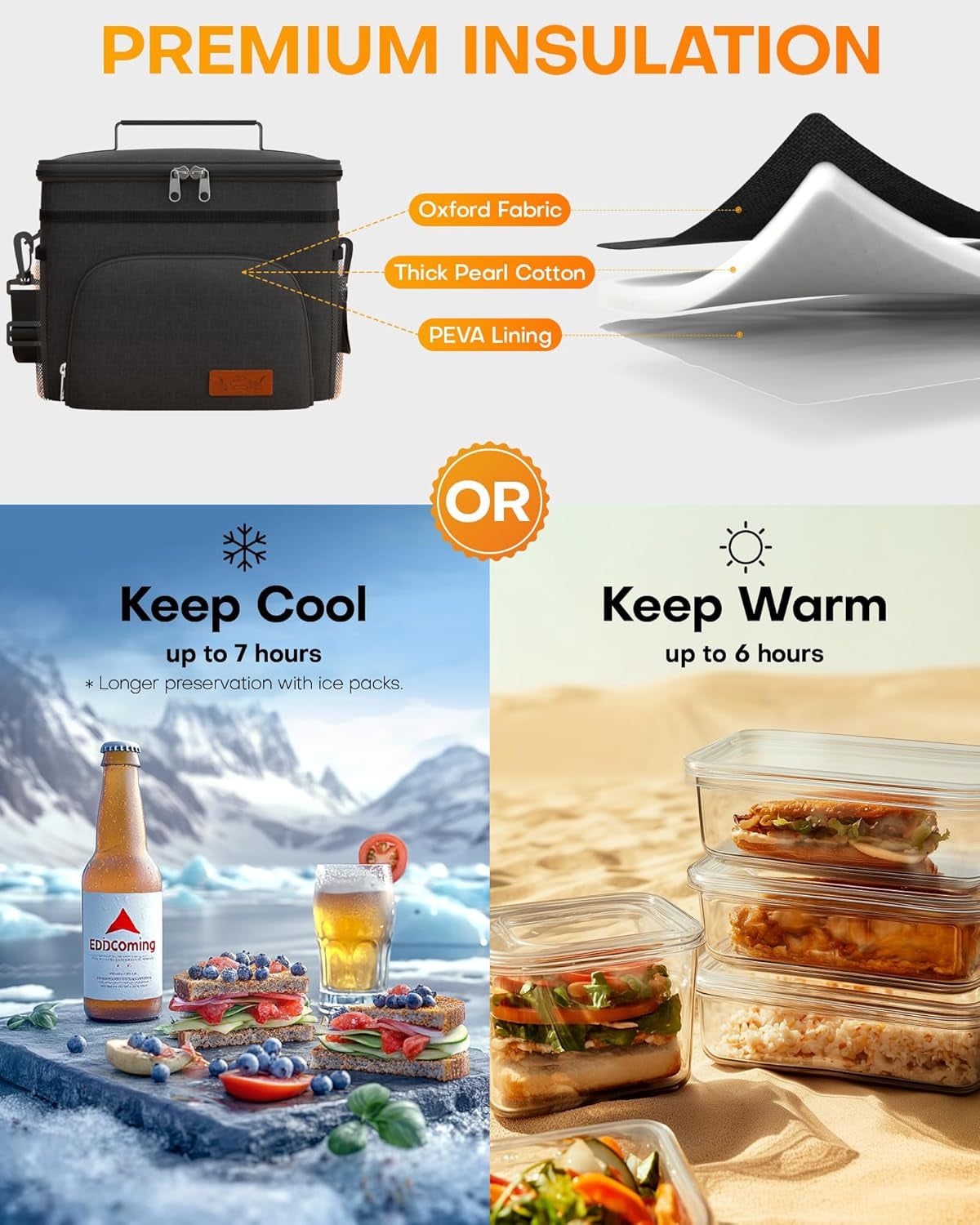 Versatile  Insulated Lunch Box - Leak-Proof Cooler Bag with 4 Pockets & Adjustable Strap, Perfect for Work, Picnics, and Travel - Medium Size in Black (10.2"×6.9"×8.5")