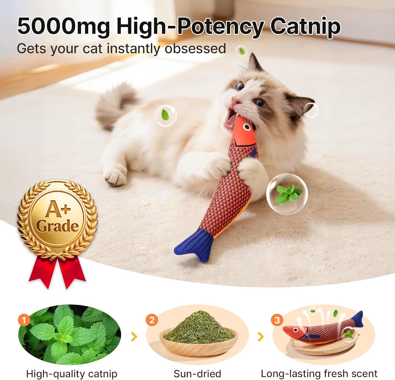 Cat Toys - 3 Pack Saury Fish with Catnip & Crinkle Sound, Soft & Durable Interactive Kitten Kickers for Indoor Play, 9.4 Inches for All Breeds