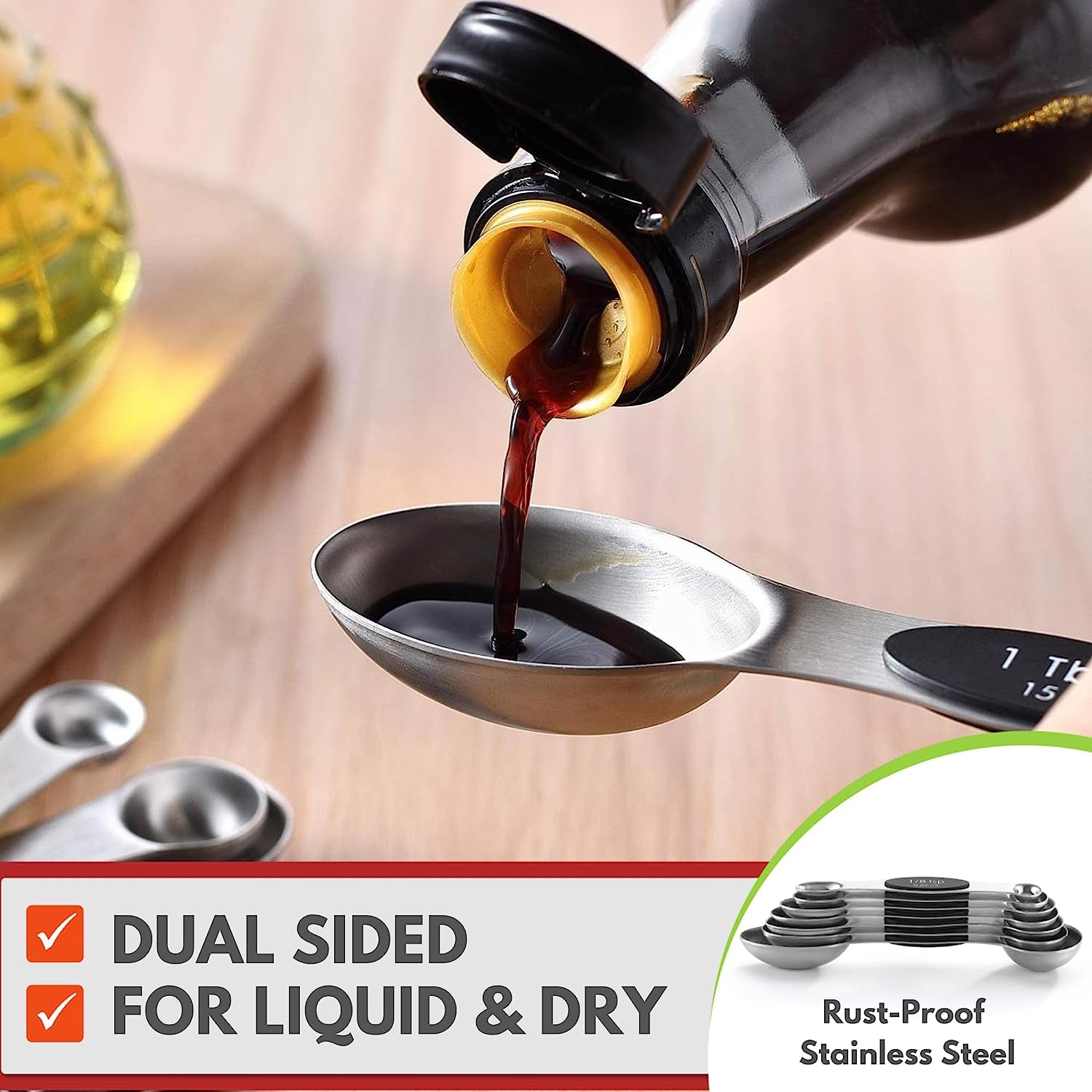 Stainless Steel Magnetic Measuring Spoons Set - Heavy Duty Kitchen Gadgets for Baking & Cooking, Fits Most Spice Jars, Set of 8 with Leveler, Sleek Black Design