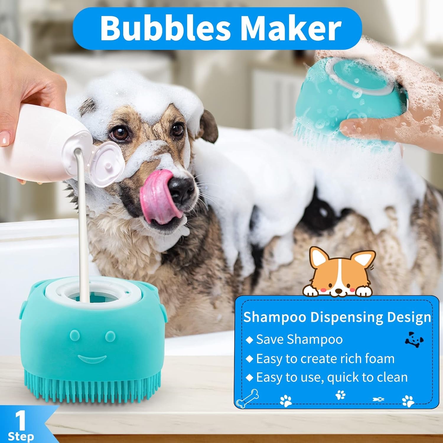 6PCS Dog Bath & Toothbrush Set | Adjustable Shampoo Brush & Scrubber for All Dog & Cat Breeds | Eliminate Odors & Stains Effortlessly (Blue)