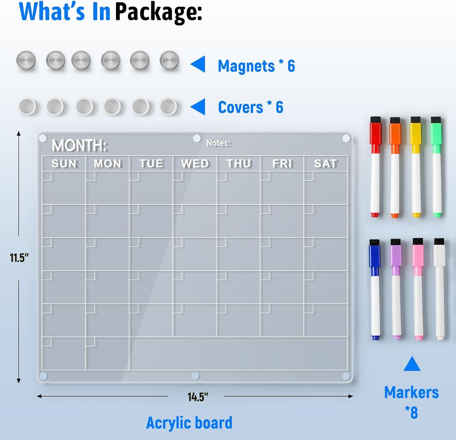 Magnetic Acrylic Fridge Calendar - 14.5"x11.5" Dry Erase Monthly Planner with 8 Color Markers for Events, Meetings & Shopping Lists