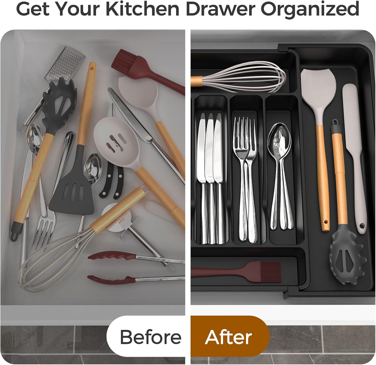 Extra Large Adjustable Silverware Organizer - BPA-Free Cutlery Holder for Kitchen Utensils - Sleek Black Design