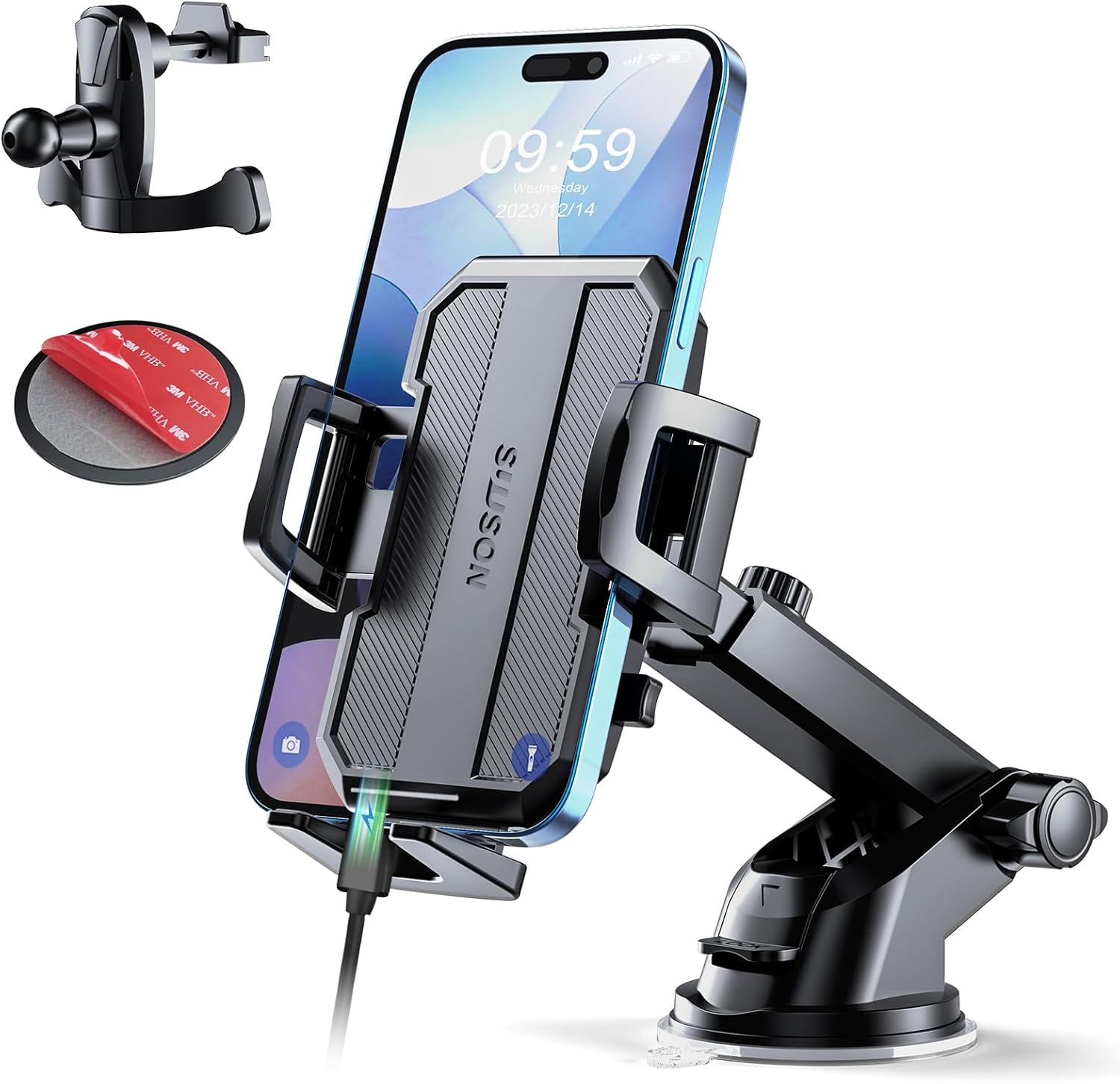 3-in-1 Powerful Suction Car Phone Holder Mount - Versatile Dashboard, Air Vent, and Windshield Stand for All iPhones and Androids (Black)