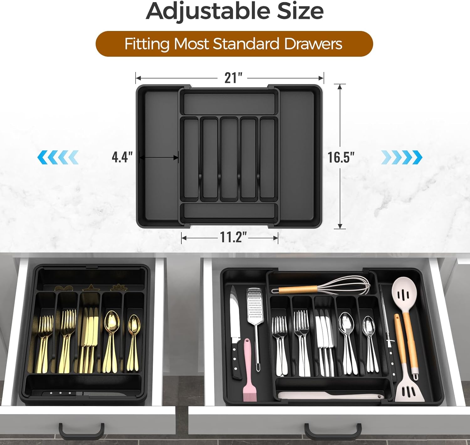 Extra Large Adjustable Silverware Organizer - BPA-Free Cutlery Holder for Kitchen Utensils - Sleek Black Design