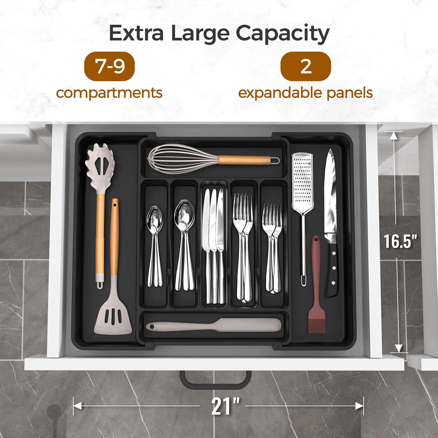 Extra Large Adjustable Silverware Organizer - BPA-Free Cutlery Holder for Kitchen Utensils - Sleek Black Design