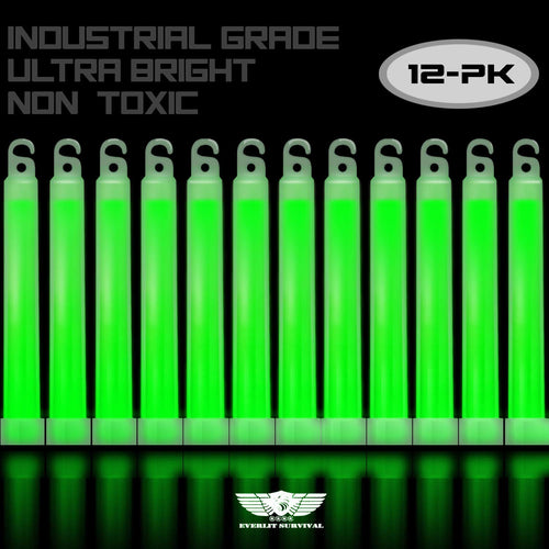 12-Pack 6-Inch Glow Sticks - Bright Emergency Light Sticks for Survival Kits, Camping, Hiking, and Disasters - Lasts Up to 12 Hours (Green)