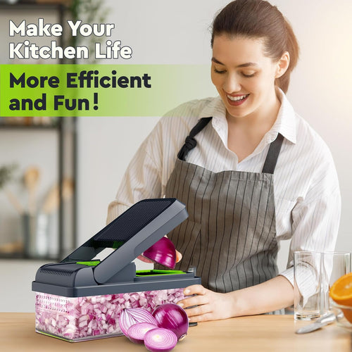 12-in-1 Versatile Vegetable Chopper with 7 Blades, Convenient Food Prep Tool & Cheese Grater - Essential Kitchen Gadget in Green/Grey