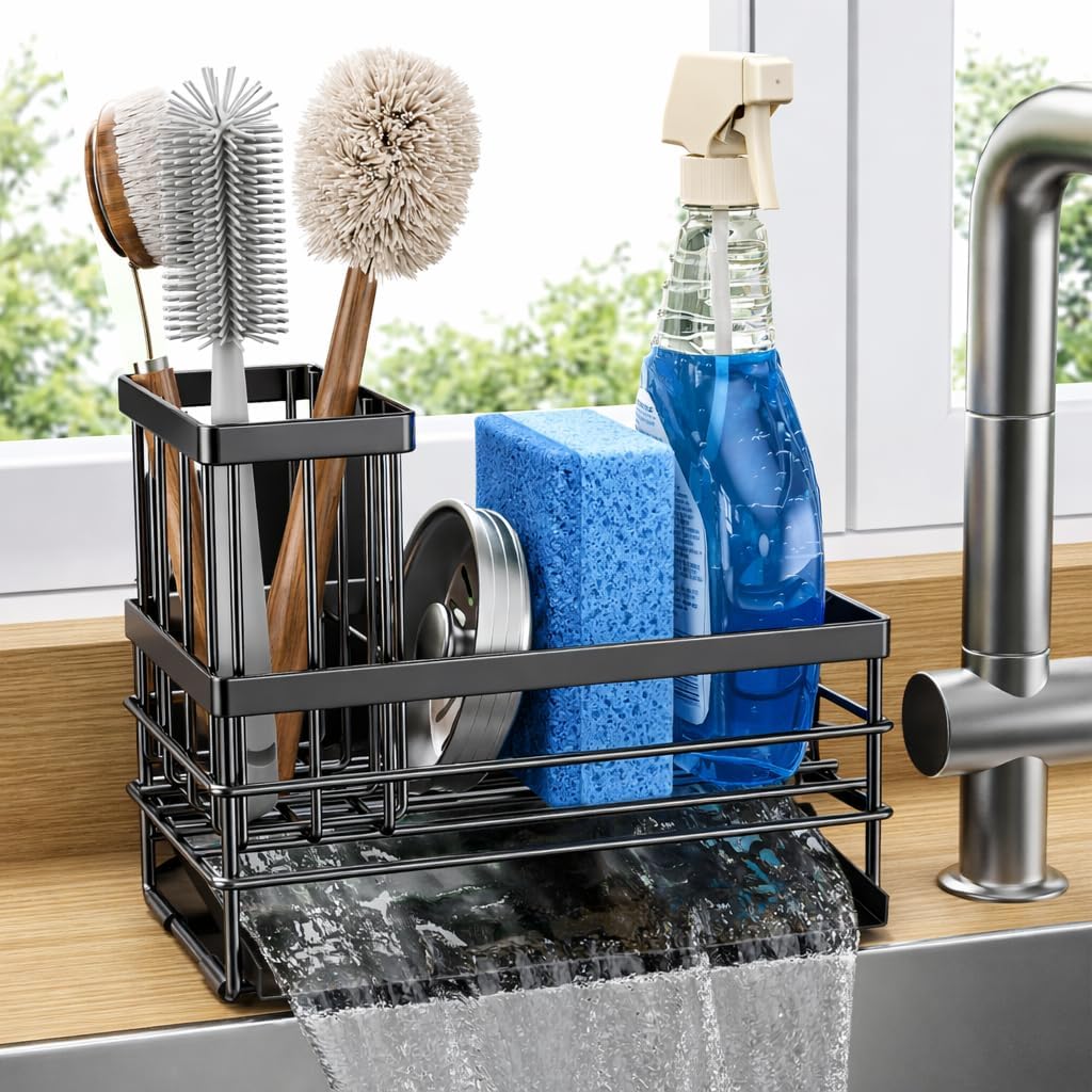 Rustproof Kitchen Sink Caddy - Stylish Sponge Holder with Brush Storage & Self-Drain Stainless Steel Tray (Black)